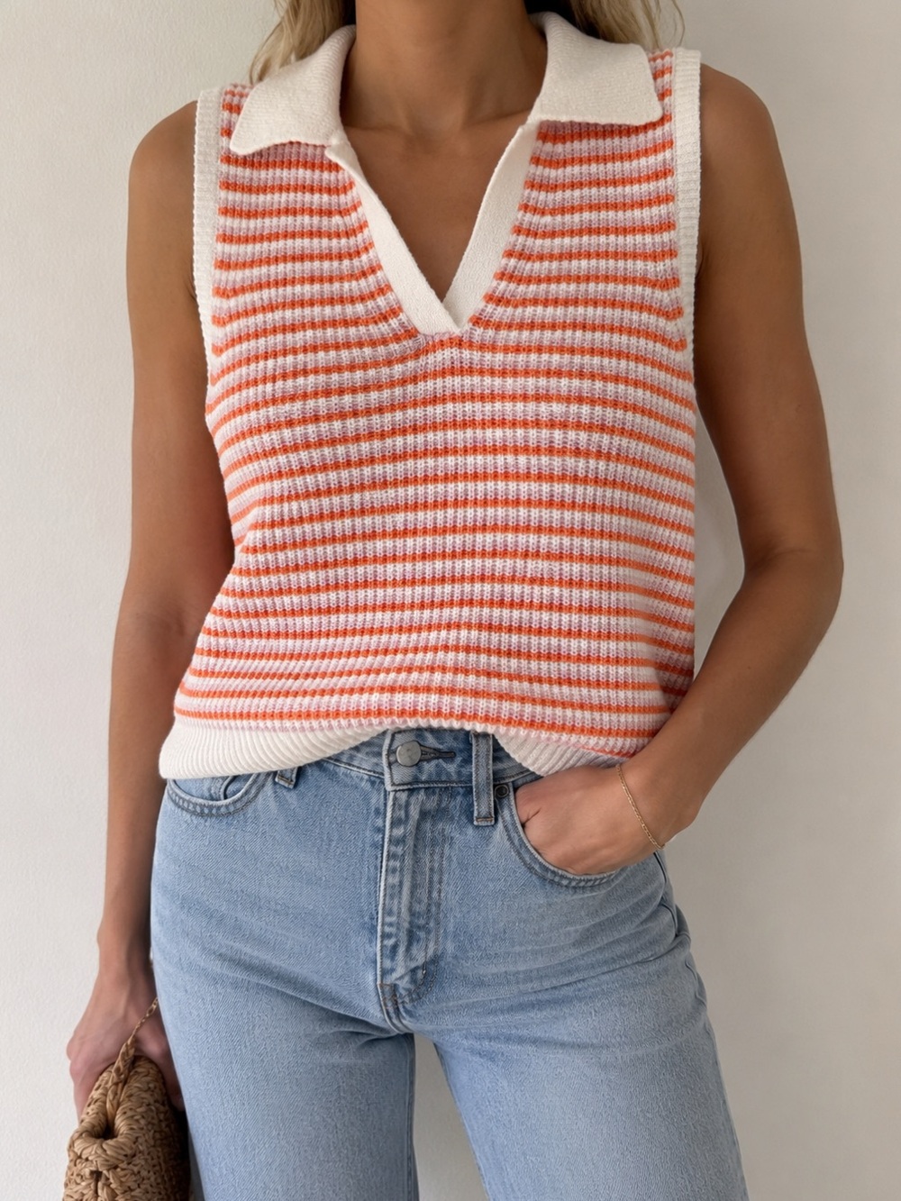Tribal Jeans Striped Knit Polo Tank - Coral & Cream - Size Petite Small PS